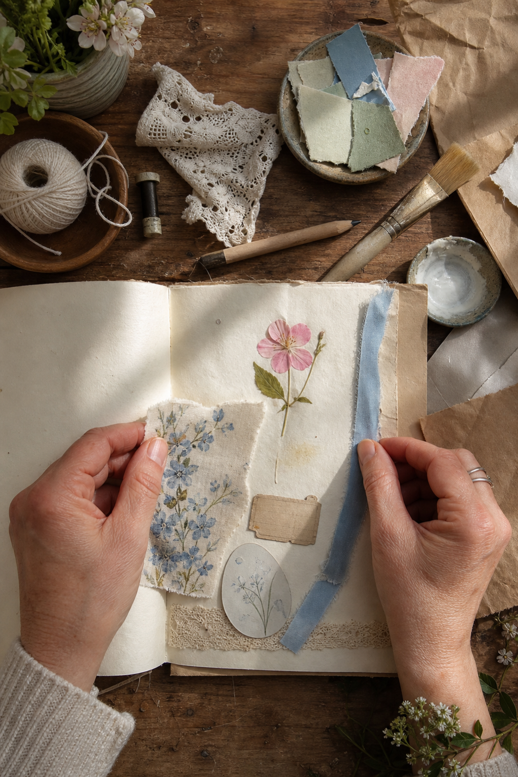 Hands assembling an understated Easter journal page with blue floral paper, ribbon, pressed blossom, lace, and quiet cream space
