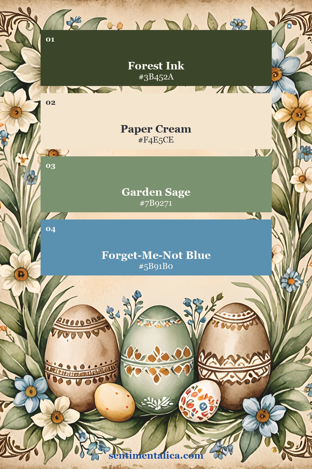 Antique Easter palette with forest green, cream, sage, and forget-me-not blue sampled from a real page