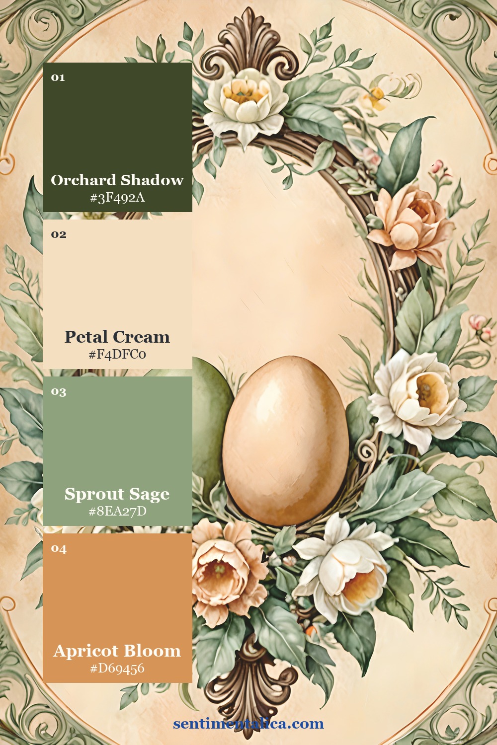 Spring Orchard palette with deep green, petal cream, sage, and apricot sampled from a real page