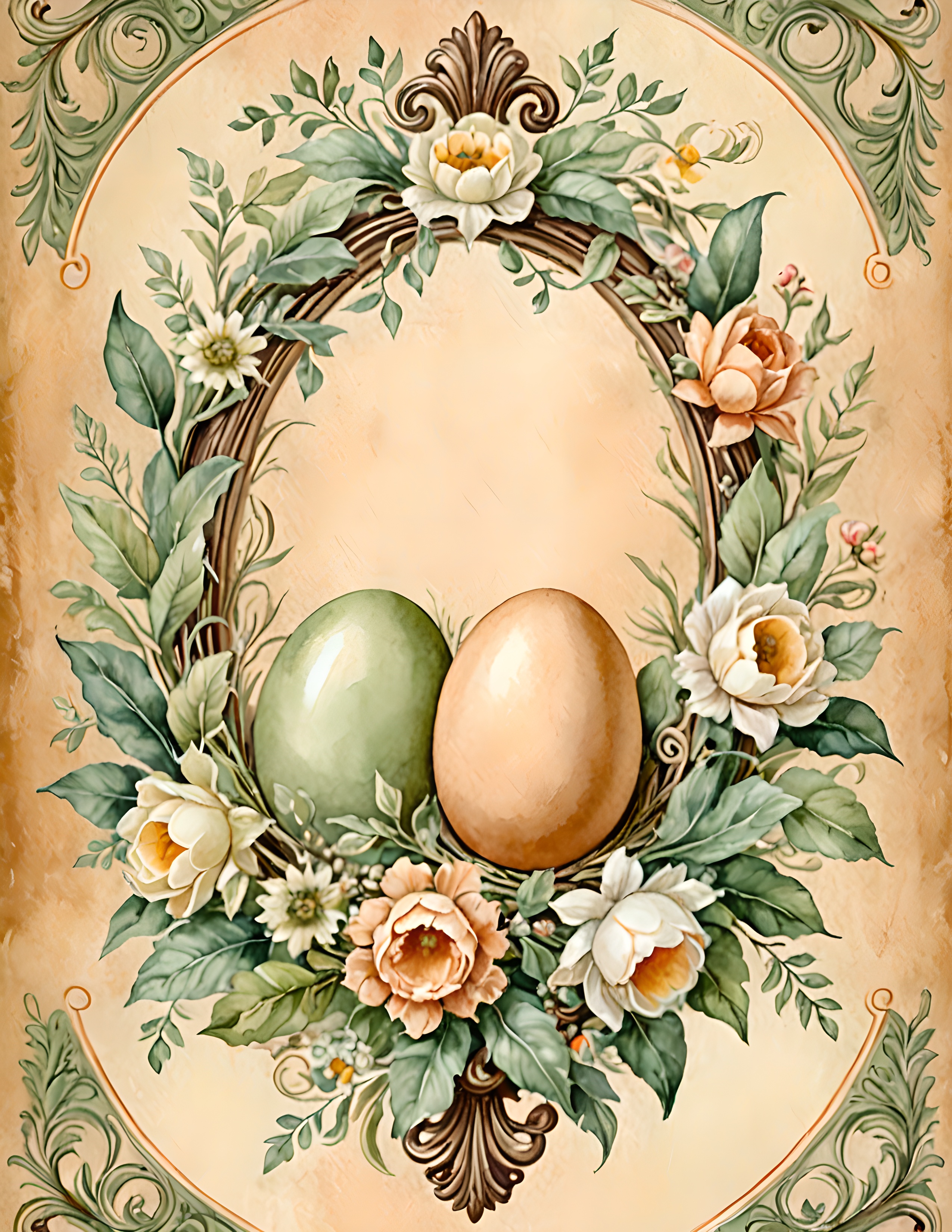 Real Spring Orchard page with two muted eggs inside a botanical vintage frame