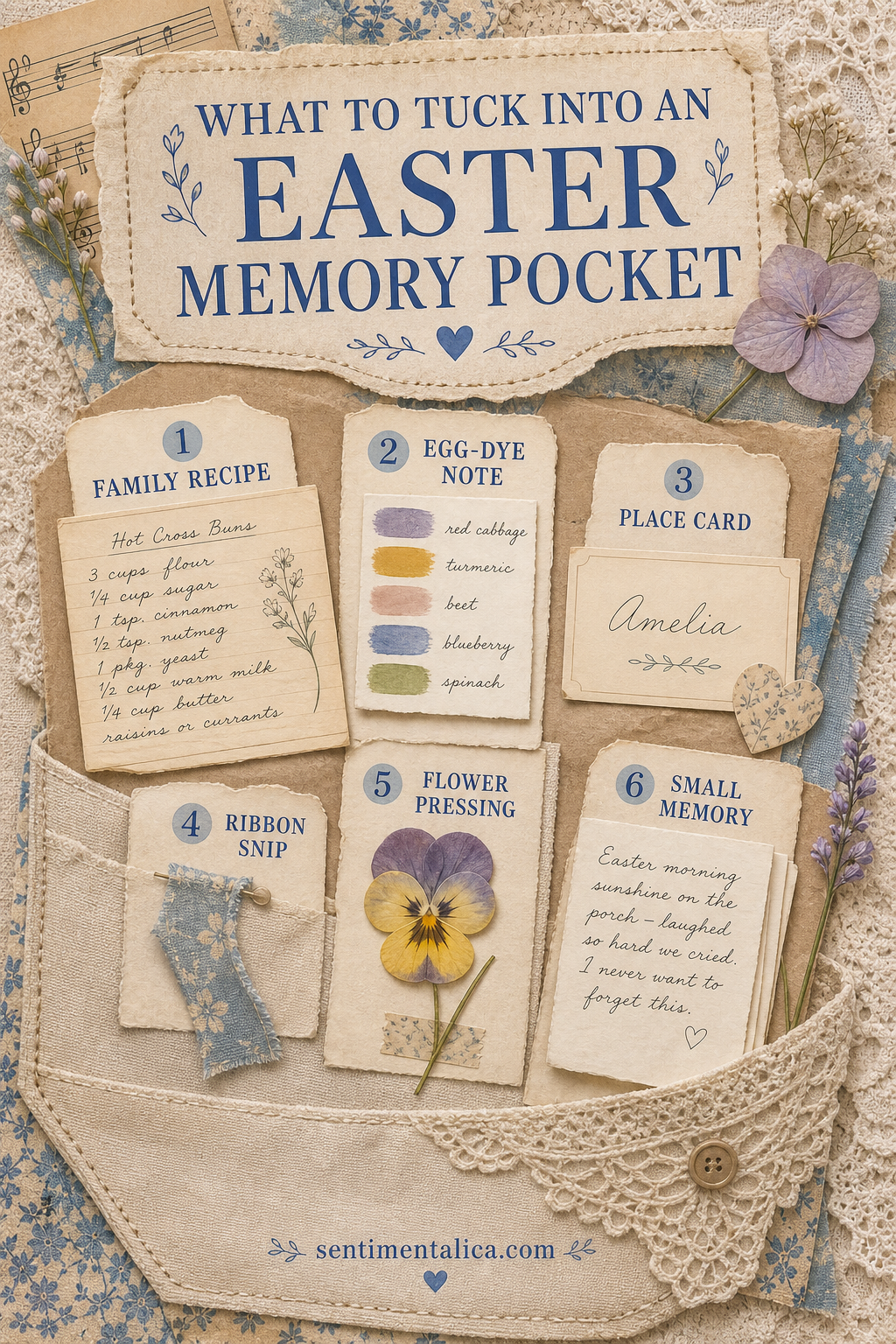 Six keepsakes to tuck into an Easter memory pocket, arranged in an heirloom paper collage