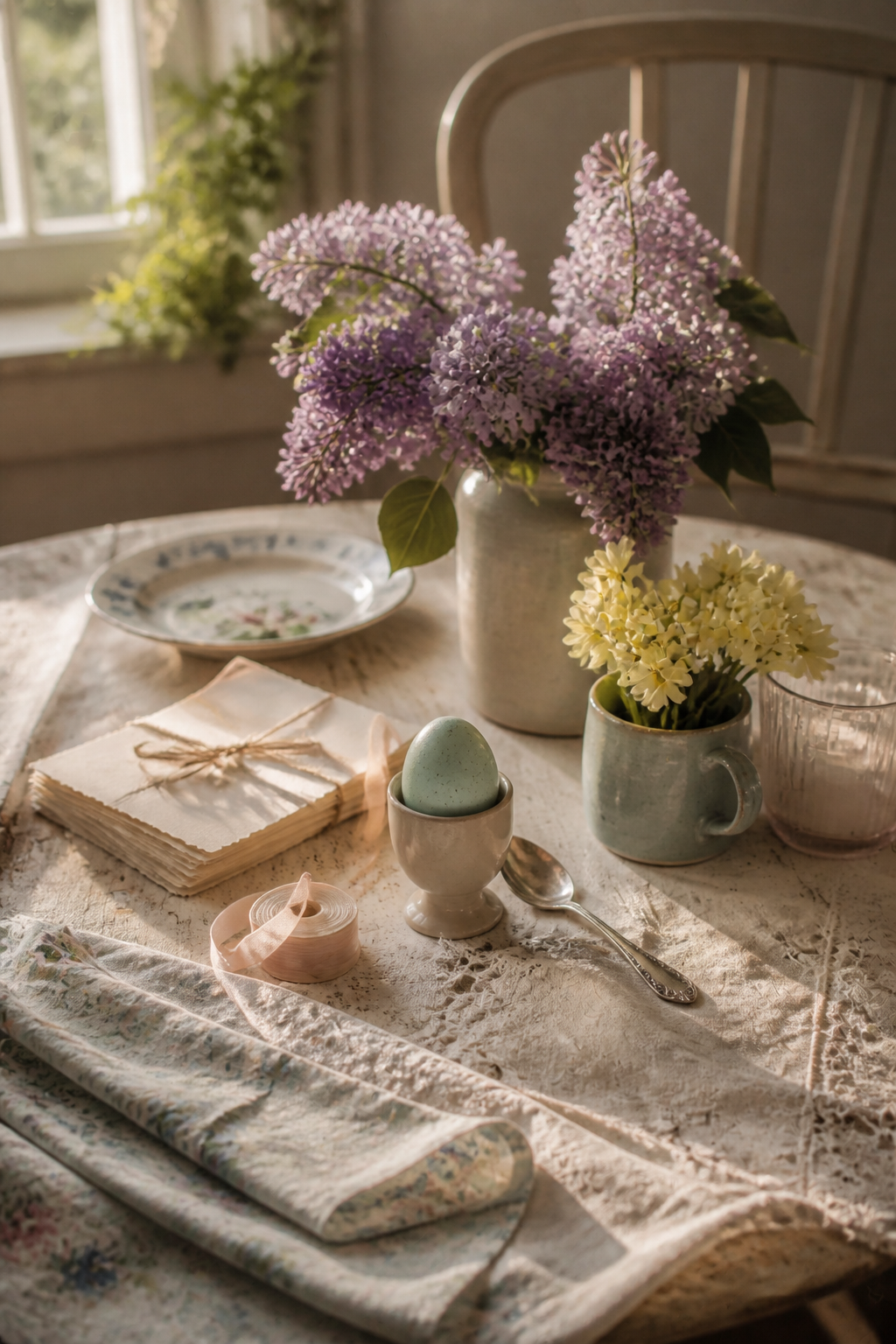 Nostalgic Easter breakfast table with one blue egg, lilac flowers, recipe cards, ribbon, and morning light