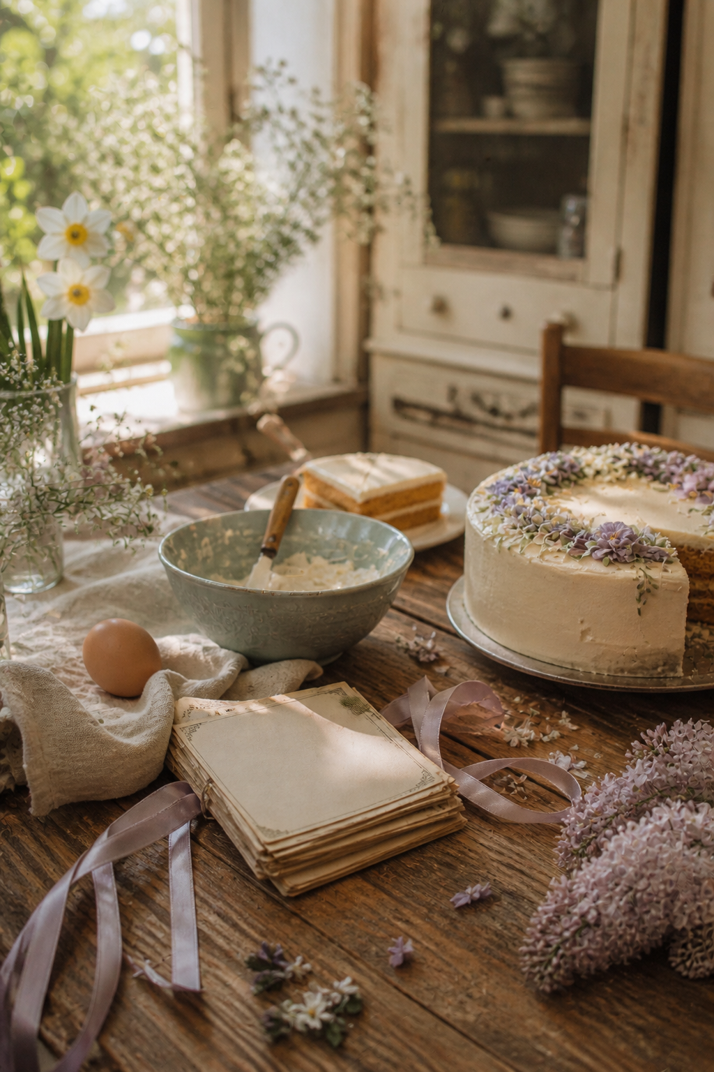 Easter baking table with cake, pale blue bowl, blank recipe cards, lilac ribbon, and spring flowers