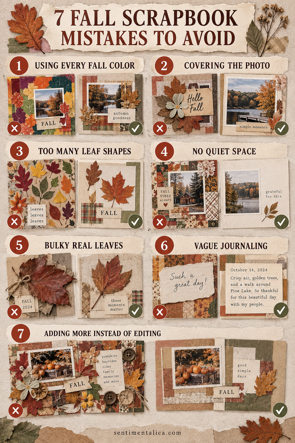 Visual guide to 7 fall scrapbook mistakes that make pages feel busy