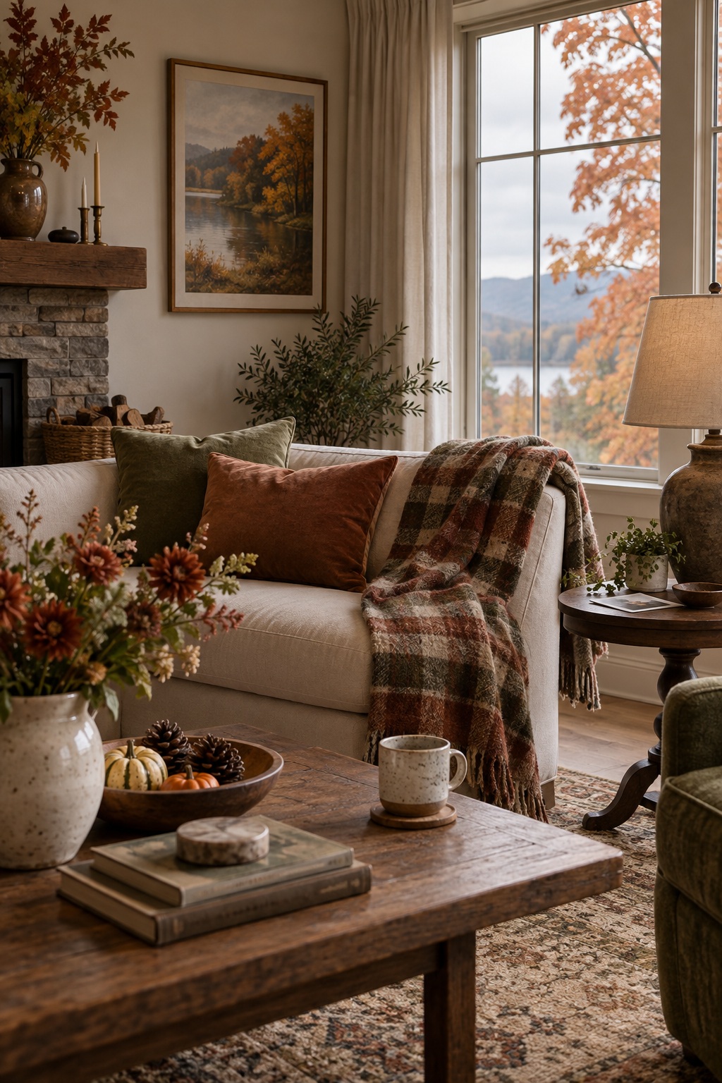 Quiet autumn living room with amber leaves outside, warm wood, soft textiles, and uncluttered seasonal details.