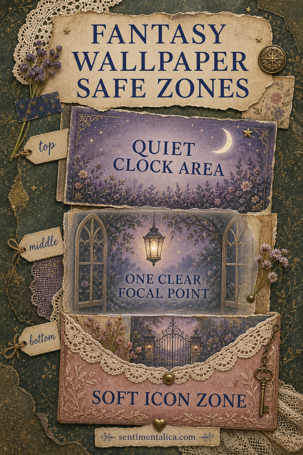 Fantasy wallpaper safe zones infographic with a quiet clock area, focal point, and soft icon zone
