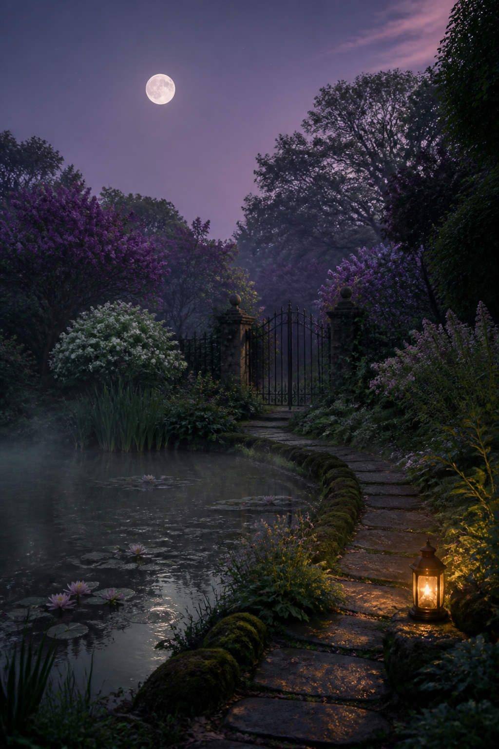 Moonlit fantasy garden with a quiet pond, old gate, and warm lantern glow