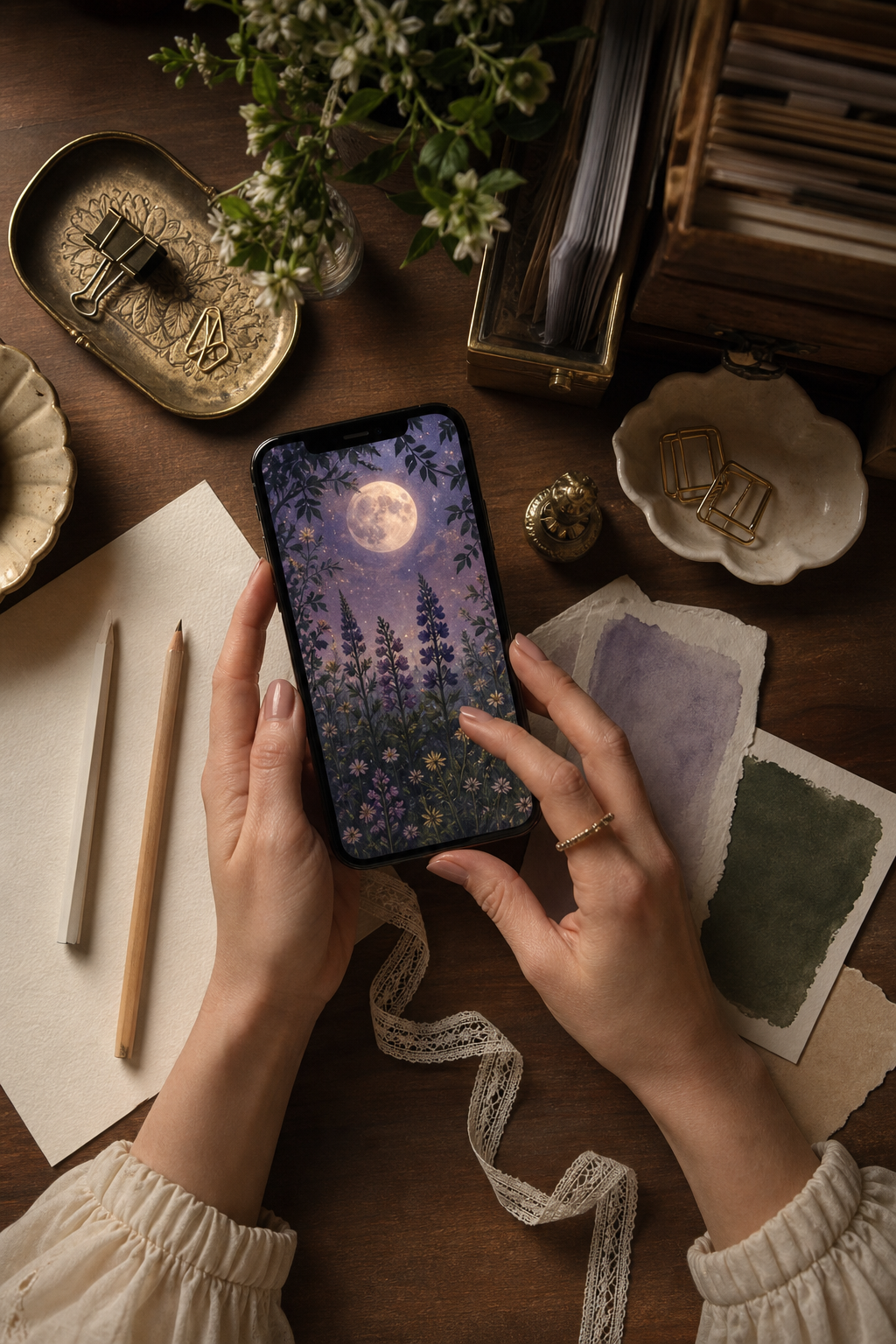 Hands testing fantasy artwork as a readable phone lock screen beside paper swatches