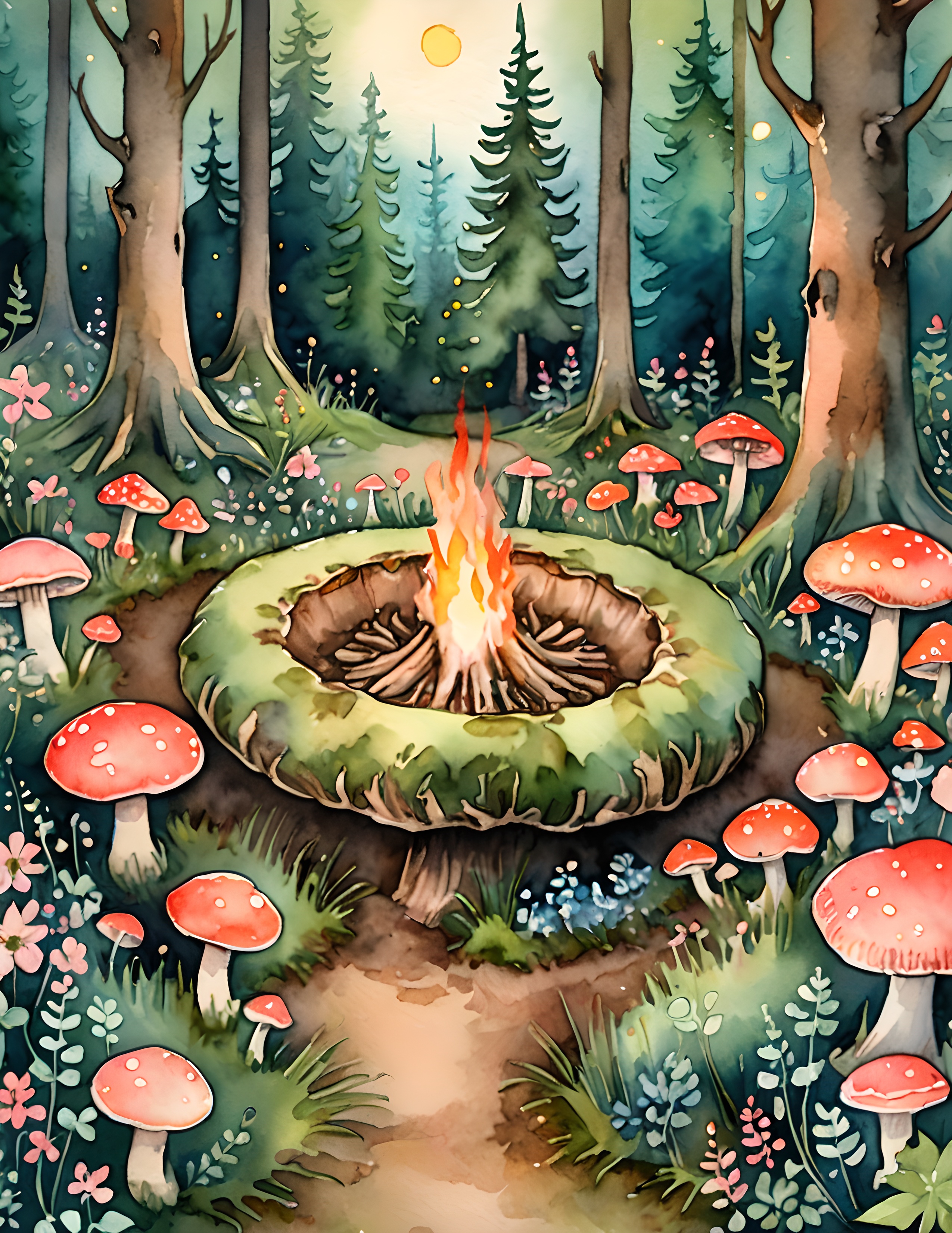 Real Fairy Ring page with a mushroom forest and glowing campfire
