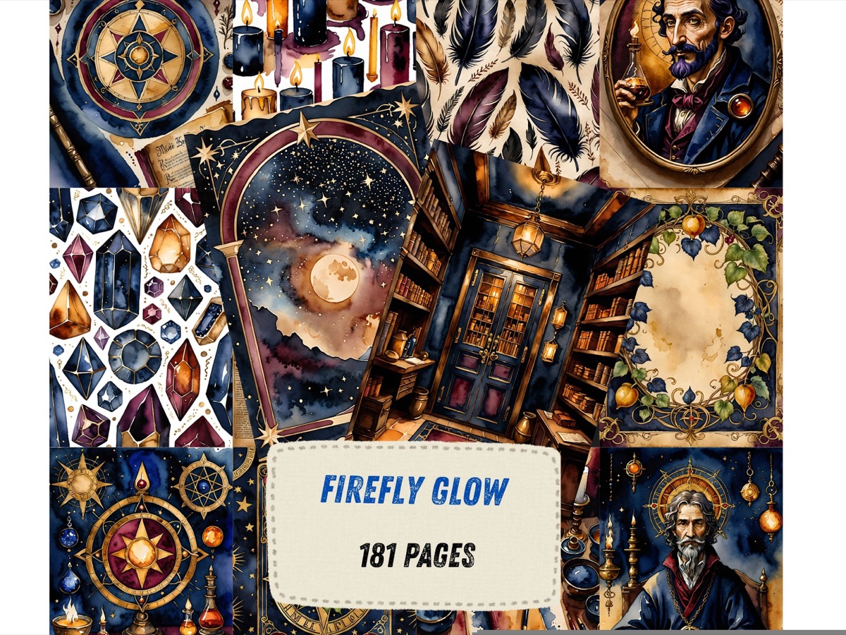 Real Firefly Glow listing composition with celestial dark academia imagery