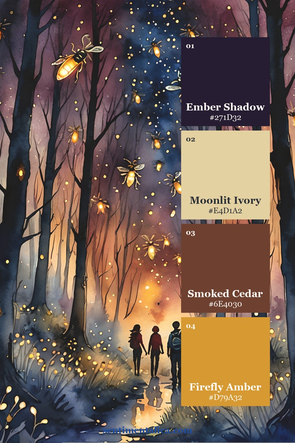 Firefly Glow palette with moonlit ivory, library leather, aged vellum and lantern gold