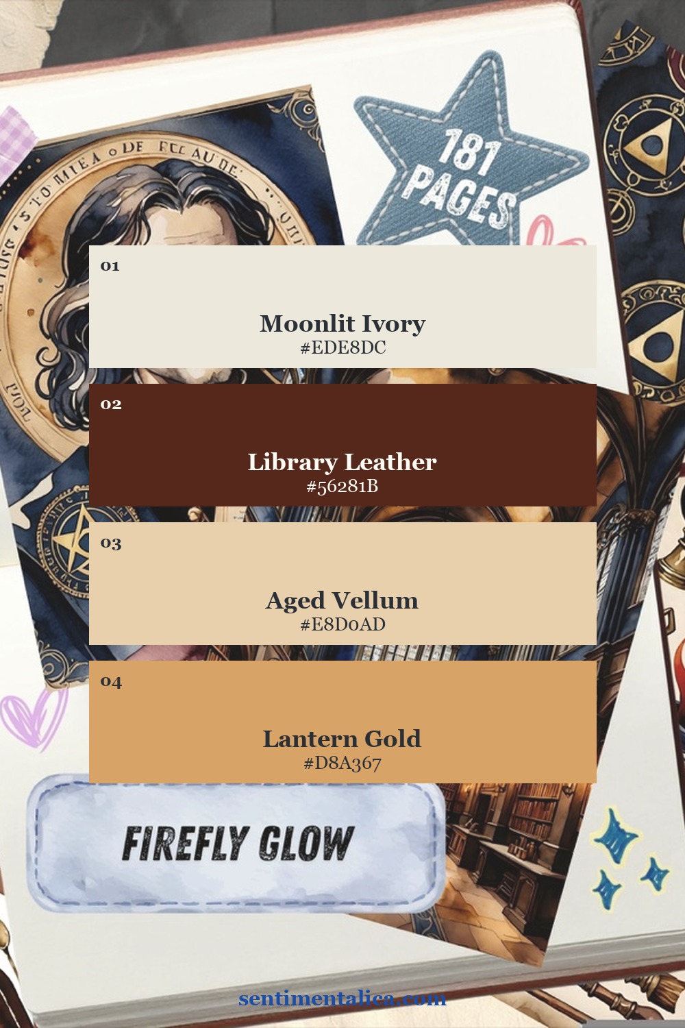 Firefly Glow palette with moonlit ivory, library leather, aged vellum and lantern gold