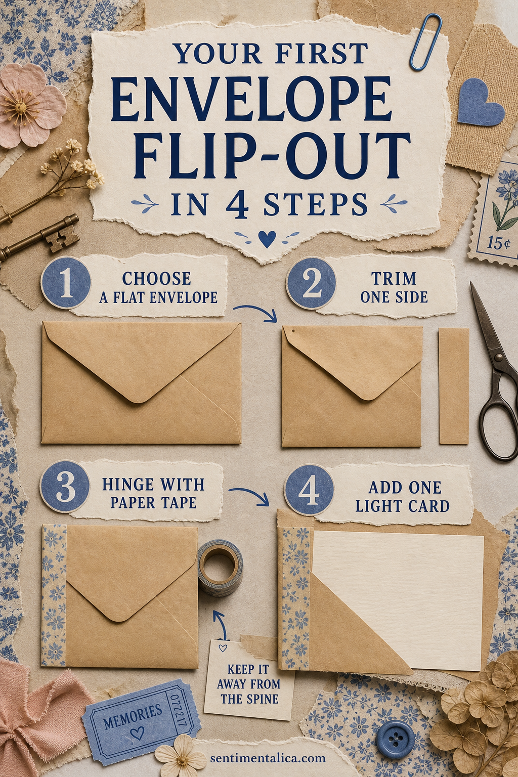 Four steps for making a first envelope flip-out in a junk journal