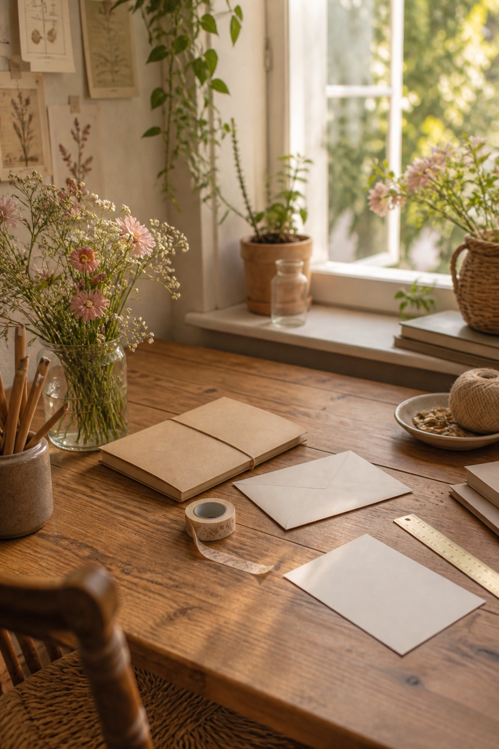 Beginner craft table with a flat envelope, paper tape, blank card, ruler, and closed notebook