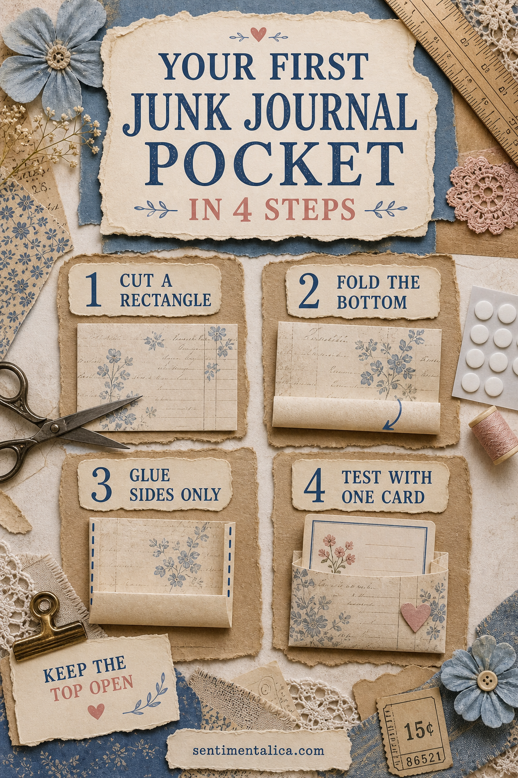Four steps for making a first junk journal pocket