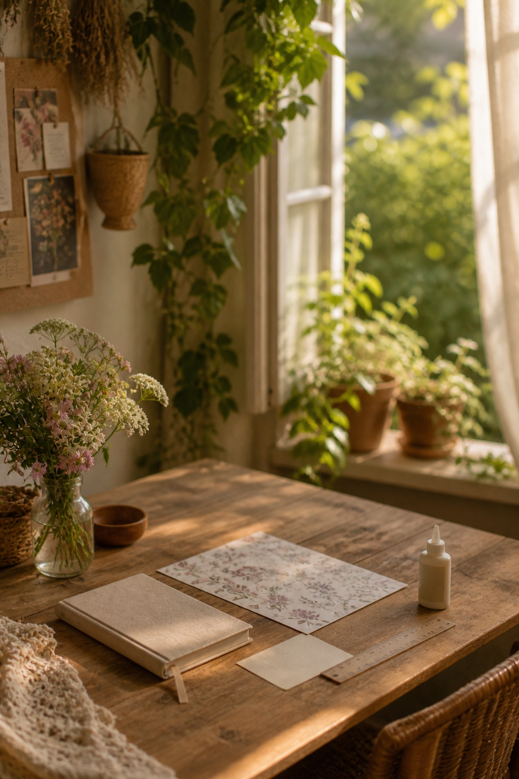 Simple beginner craft table with floral paper, blank card, ruler, glue, and closed notebook