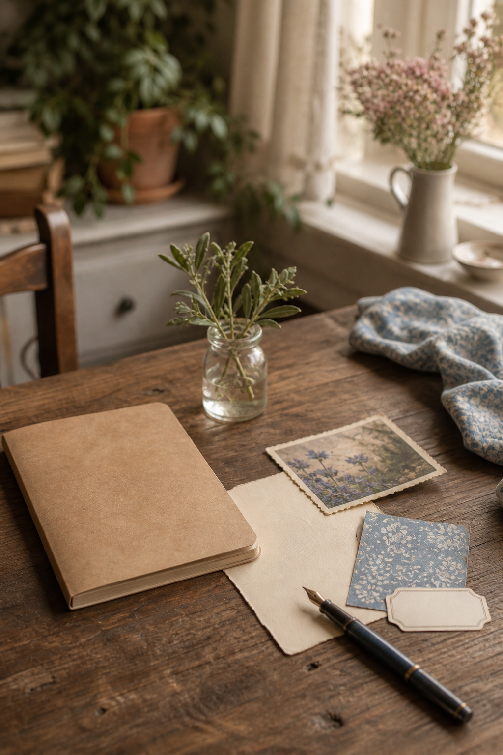 Simple beginner journaling table with a closed kraft notebook and five carefully chosen paper materials