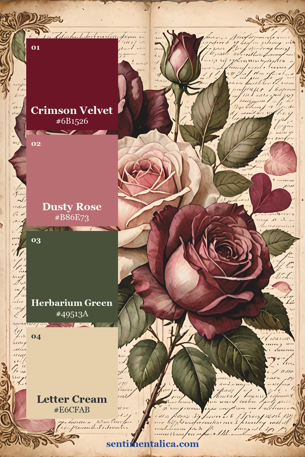 Crimson Vow palette with crimson velvet, dusty rose, herbarium green, and letter cream