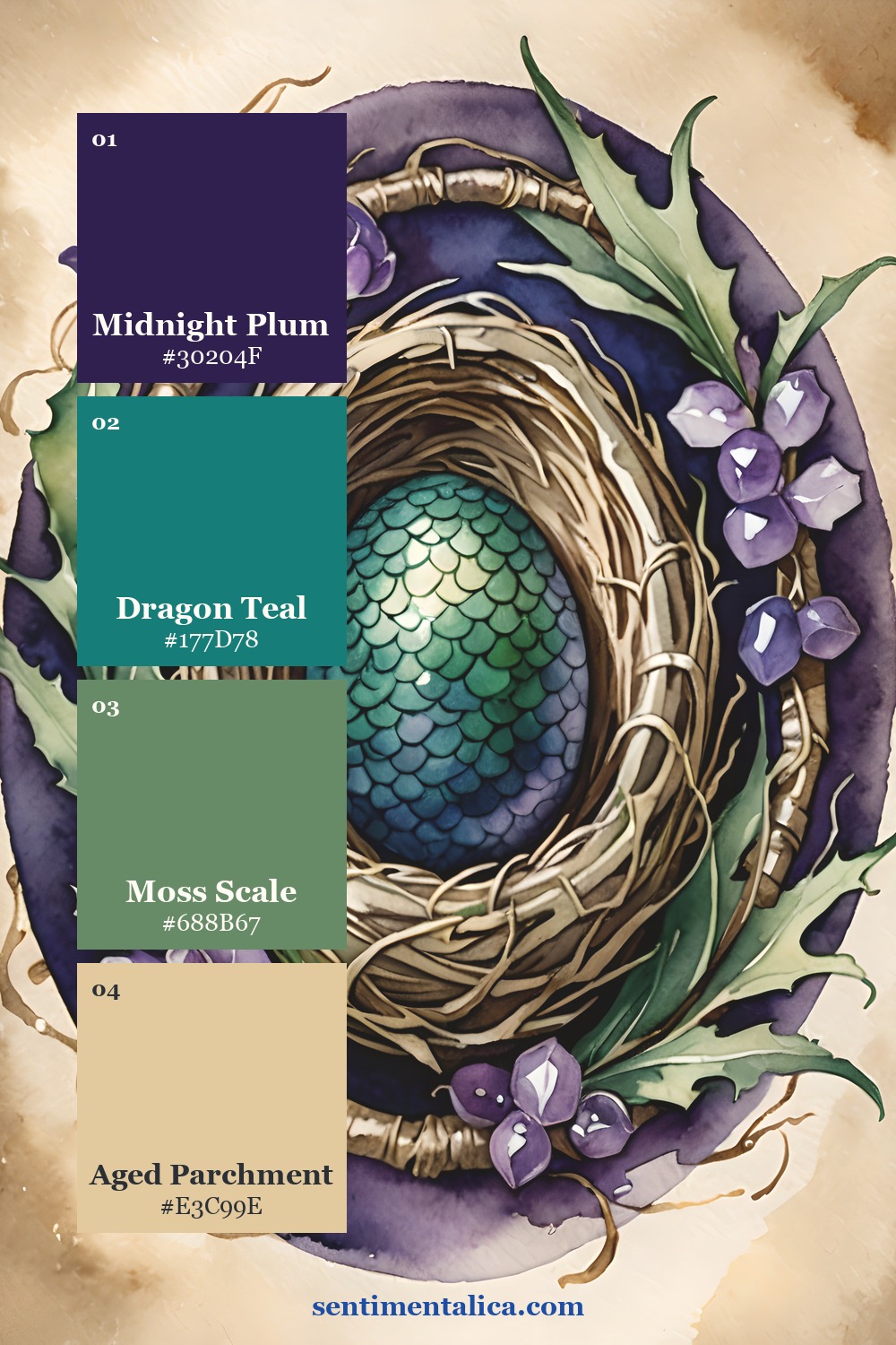 Dragon Hall palette with midnight plum, dragon teal, moss scale, and aged parchment