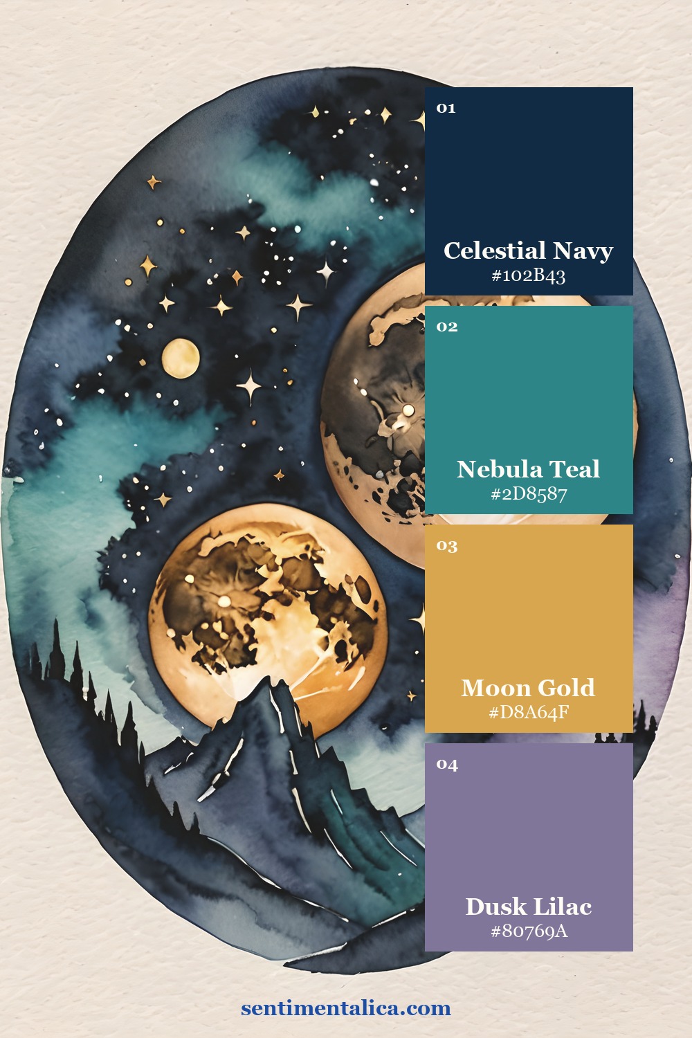 Stellar Dusk palette with celestial navy, nebula teal, moon gold, and dusk lilac