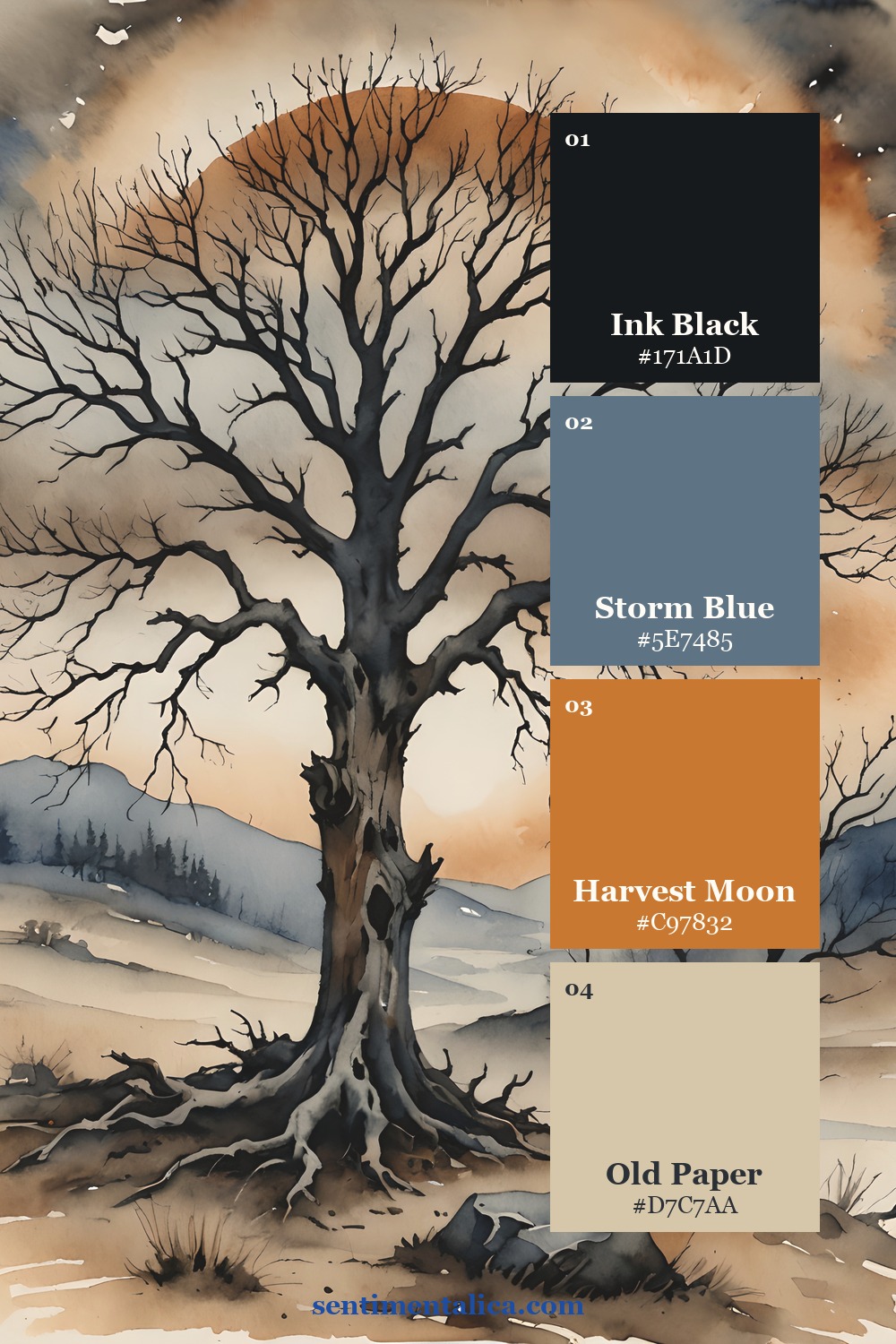 Tattered Ink palette with ink black, storm blue, harvest moon, and old paper