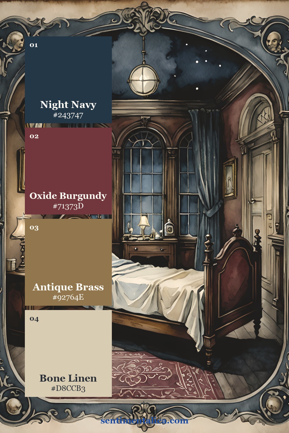 Ward Whisper palette with night navy, oxide burgundy, antique brass, and bone linen