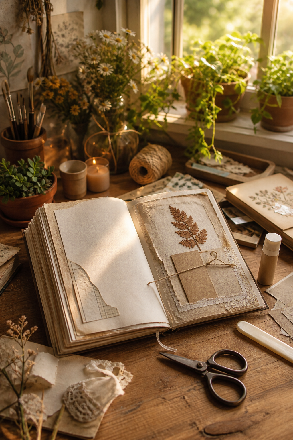 Warm vintage desk with an open layered handmade journal