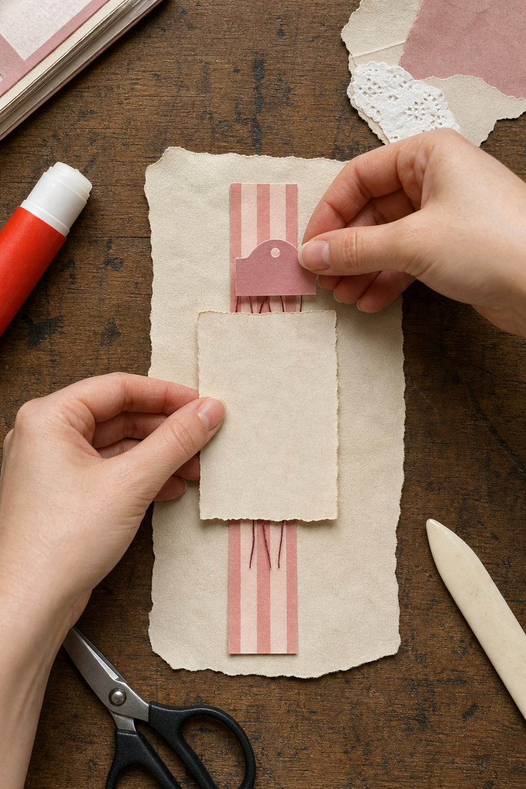 Hands arranging torn paper layers on a junk journal page