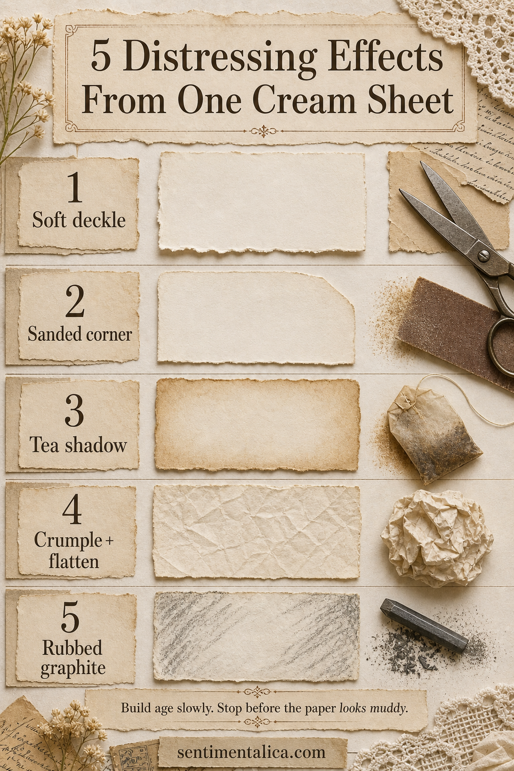 Five paper distressing effects shown on cream paper samples