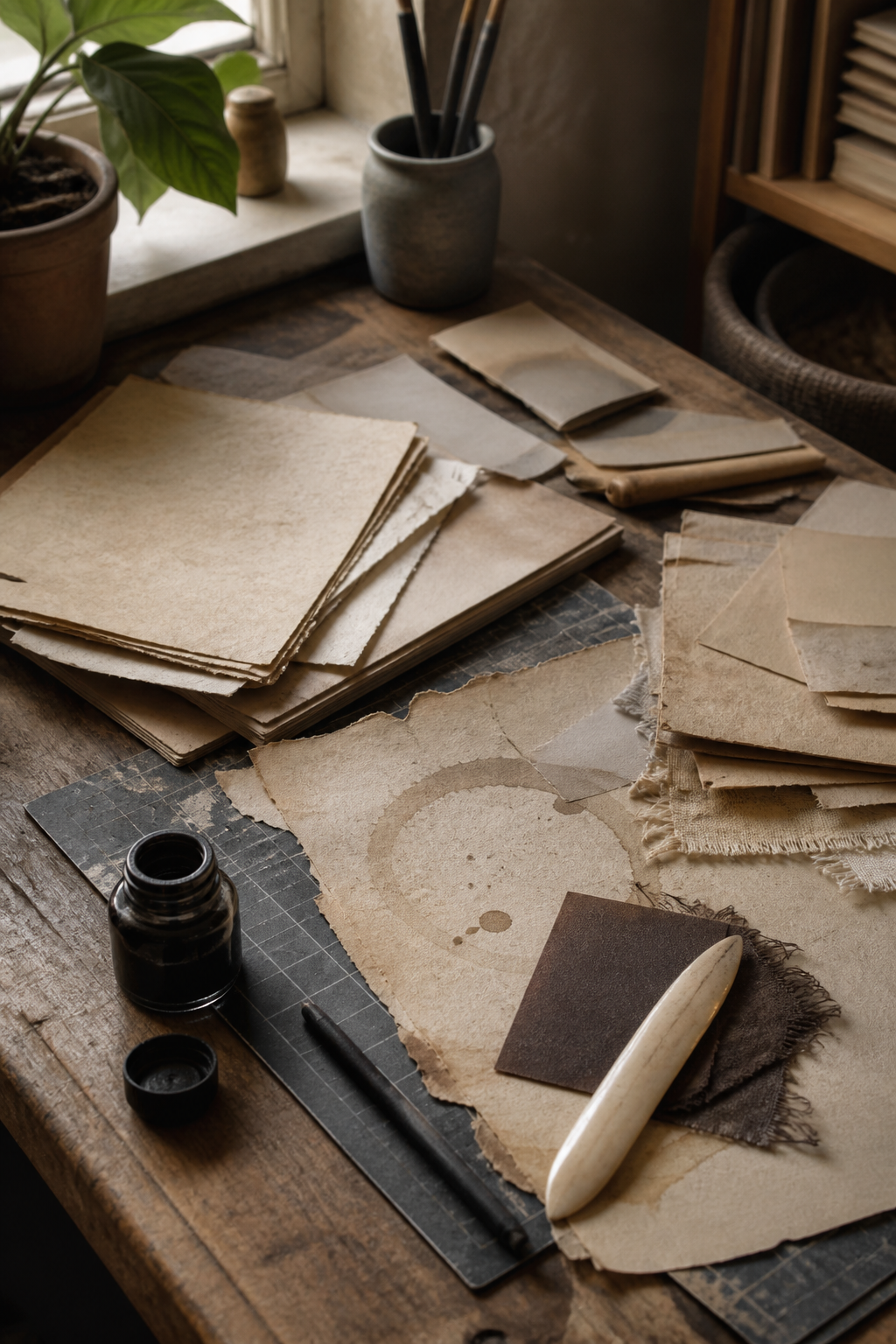 Bookbinder table with aged paper tea graphite and sanding tools