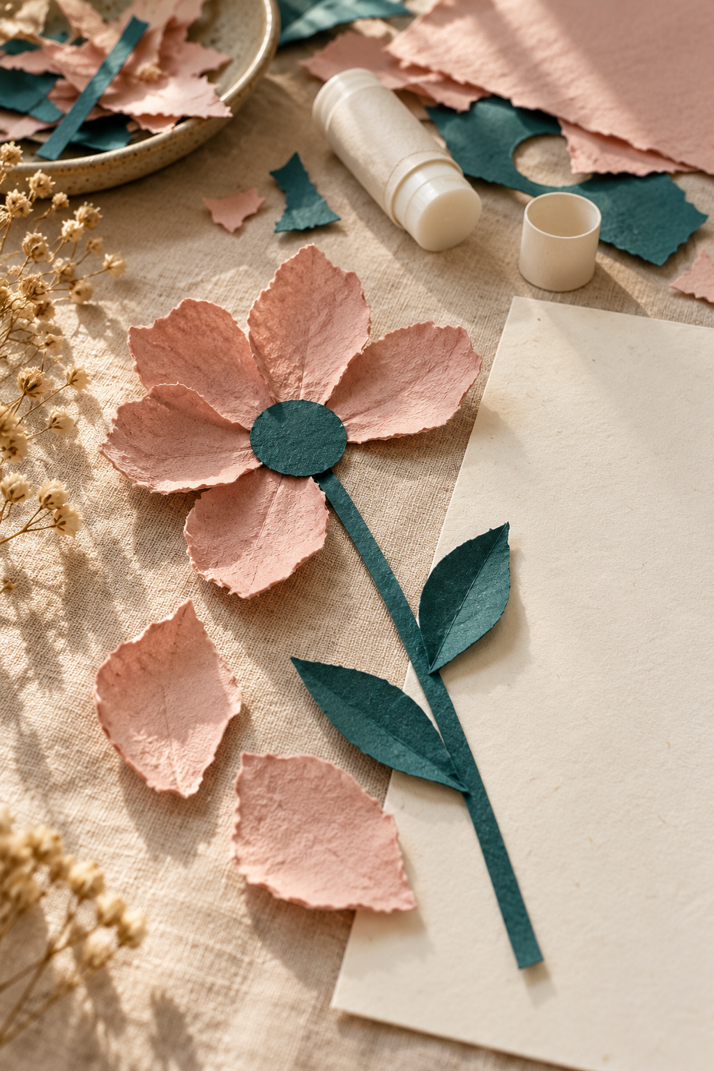 Paper layers arranged for a journal page inspired by Folk Bloom
