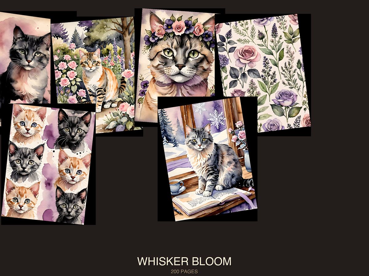 watercolor cat in a basket of roses from the Whisker Bloom collection