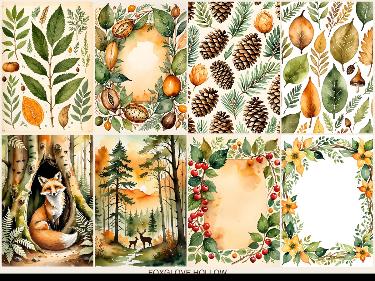 Real Foxglove Hollow listing composition with woodland greens and honey gold