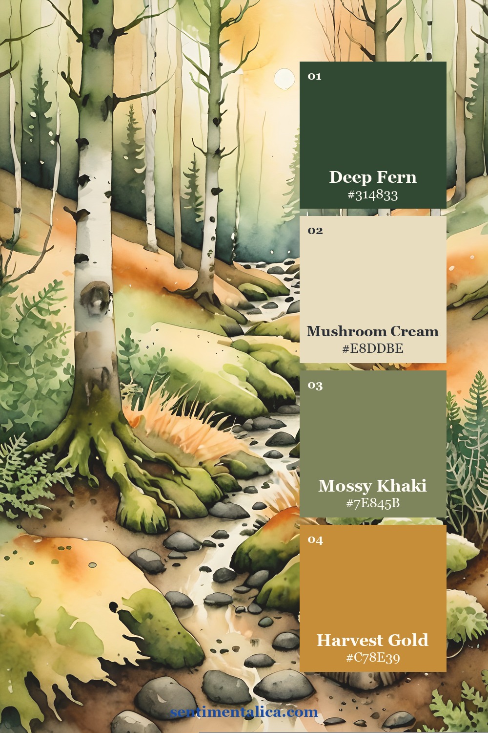 Foxglove Hollow palette with foxglove paper, mossy khaki, forest fern and harvest gold