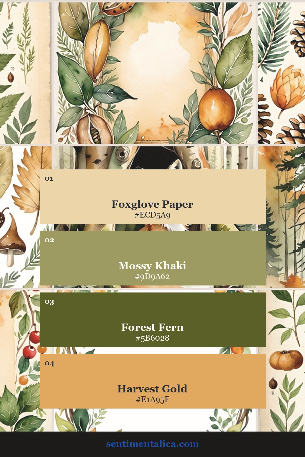 Foxglove Hollow palette with foxglove paper, mossy khaki, forest fern and harvest gold