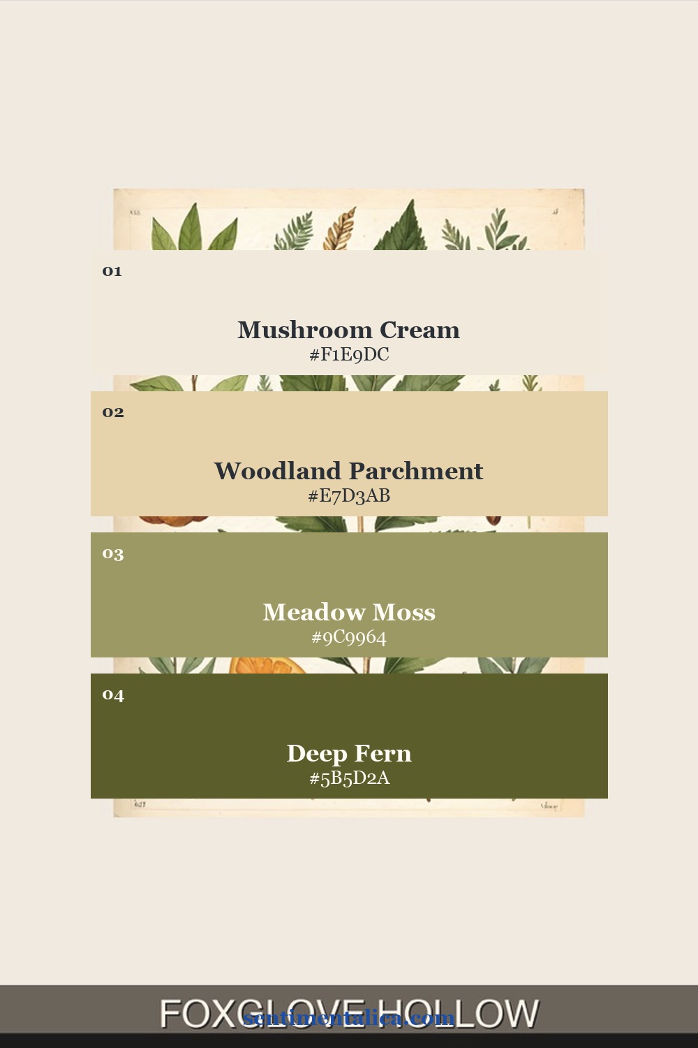 Foxglove Hollow palette with mushroom cream, woodland parchment, meadow moss and deep fern