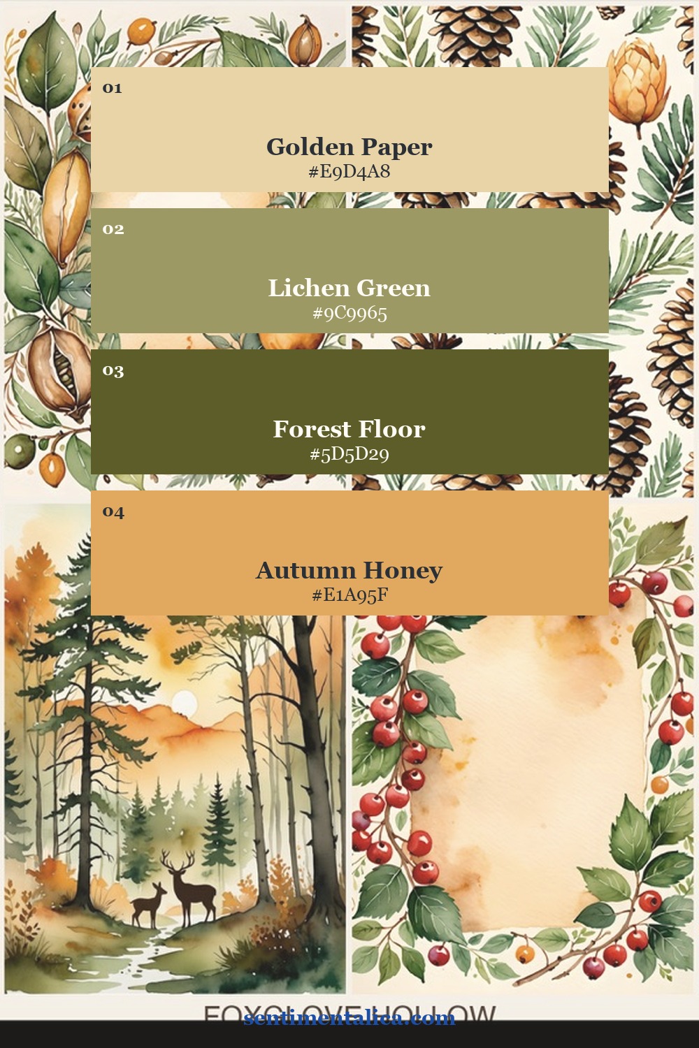 Foxglove Hollow palette with golden paper, lichen green, forest floor and autumn honey