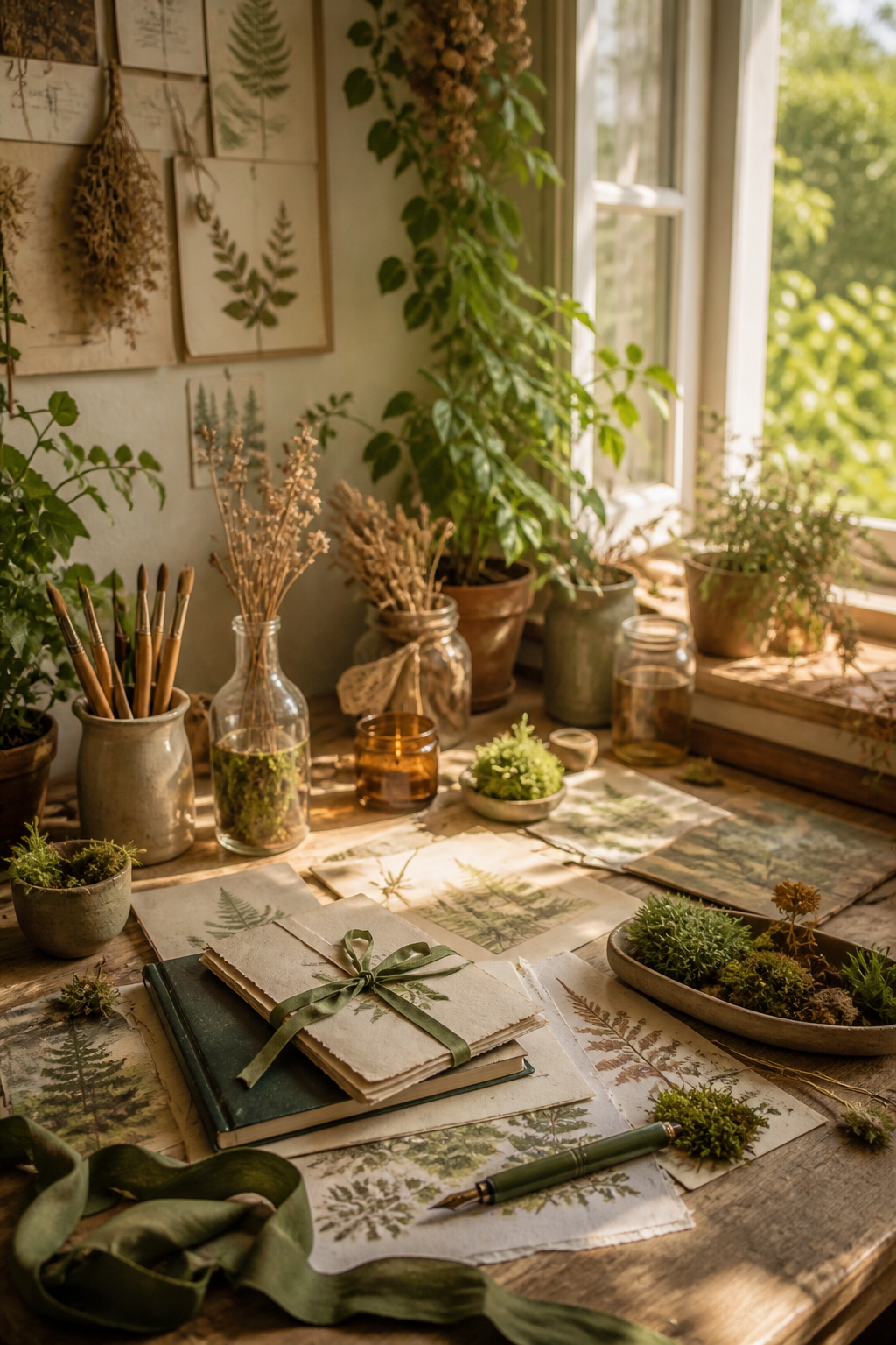 Warm woodland journaling workspace with moss, fern papers, vintage glass, and amber light