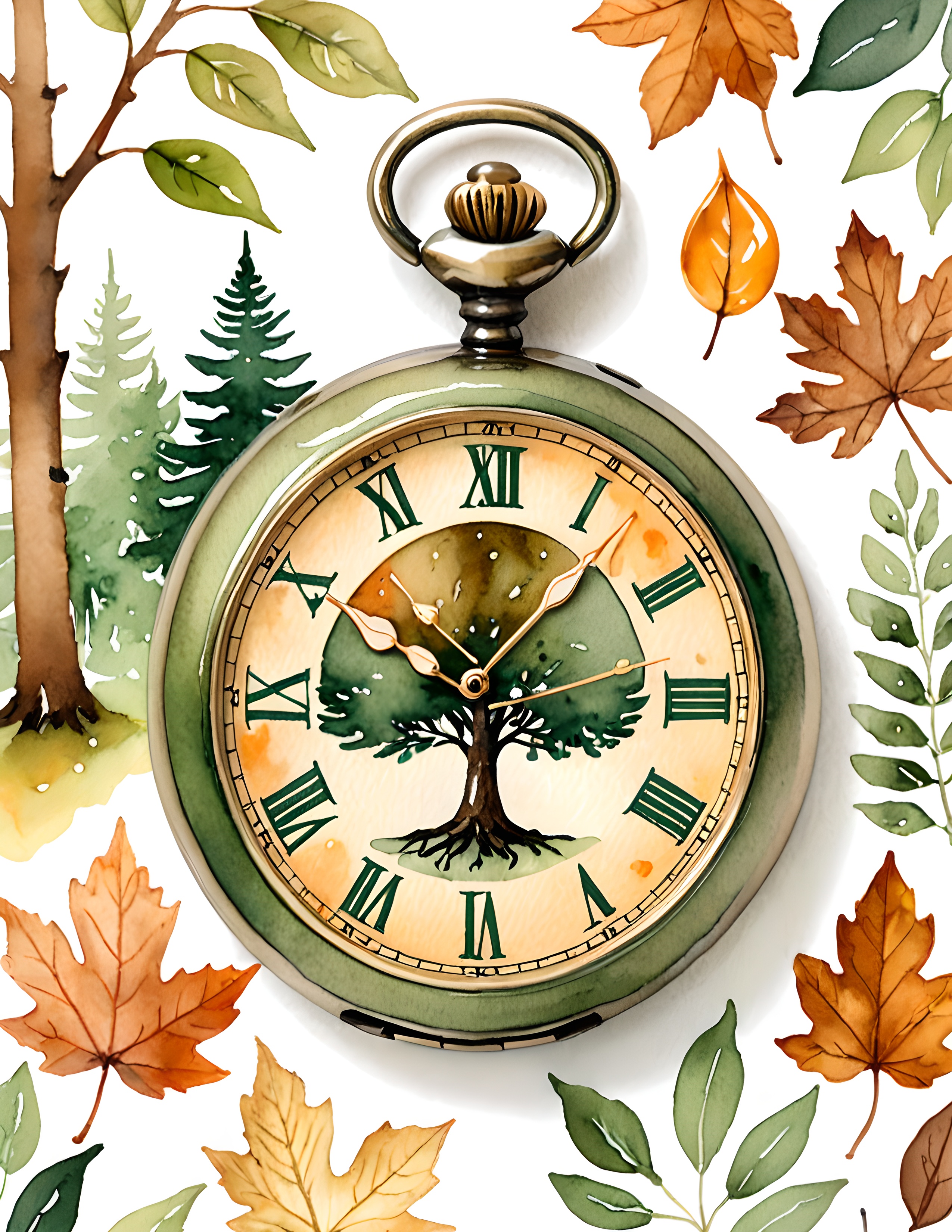 Authentic Foxglove Hollow watercolor clock and autumn leaves