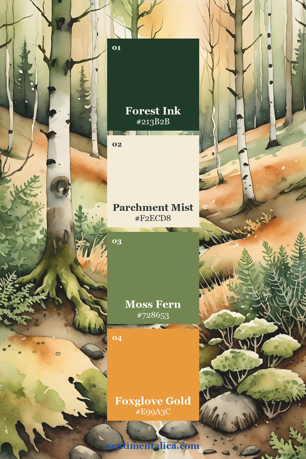 Foxglove Hollow forest watercolor page with forest ink, parchment, moss, and amber color swatches