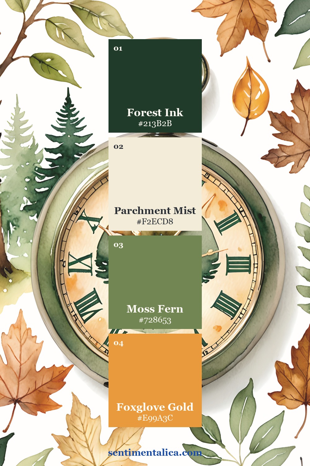 Foxglove Hollow antique woodland clock page with a coordinated four-color palette