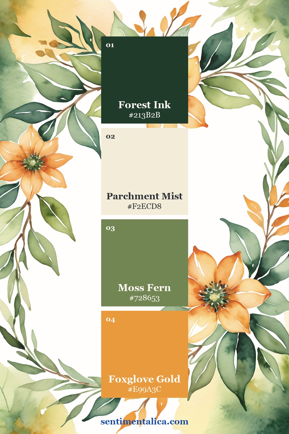 Foxglove Hollow golden botanical watercolor page with four woodland palette swatches