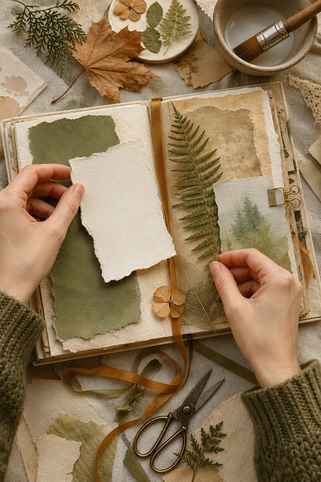 Hands arranging parchment, moss paper, fern, ribbon, and a woodland image in an open journal