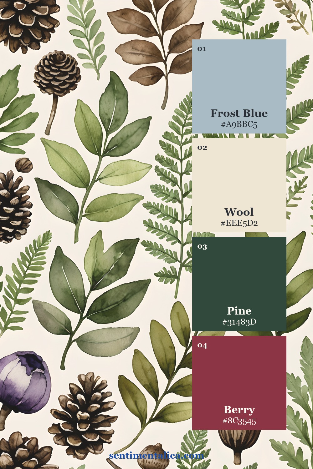 Labeled four-color palette for frost blue, wool, pine and berry for winter cabin pages