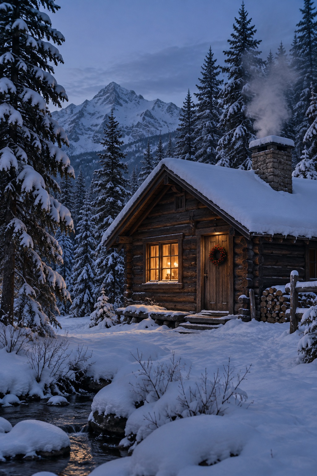 Snow-covered mountain cabin at blue hour with pine trees and one warm glowing window.