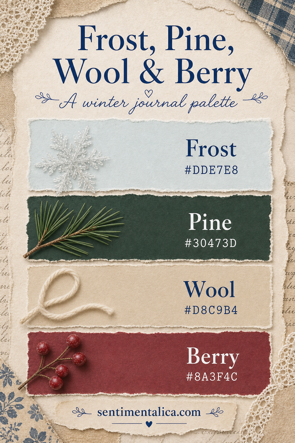 Winter journal palette with Frost Pine Wool and Berry hex codes