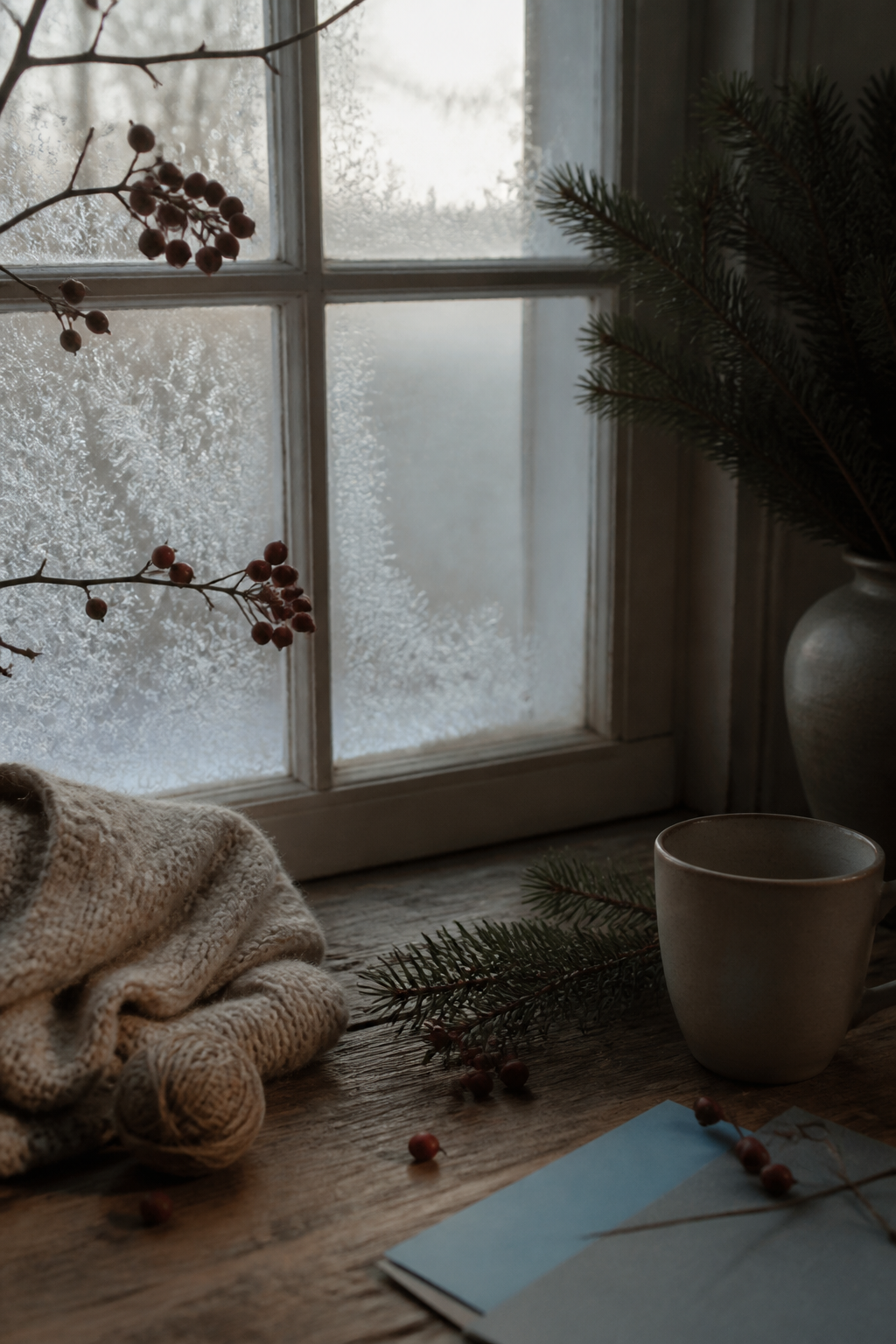 Frosted winter window with pine wool berries and paper