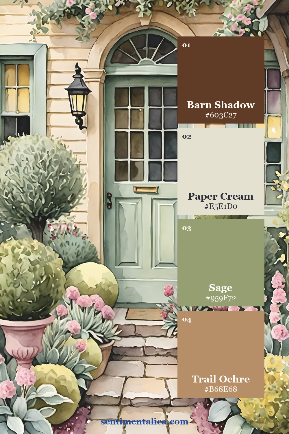 Garden Joy doorway palette with sage cream and warm brown