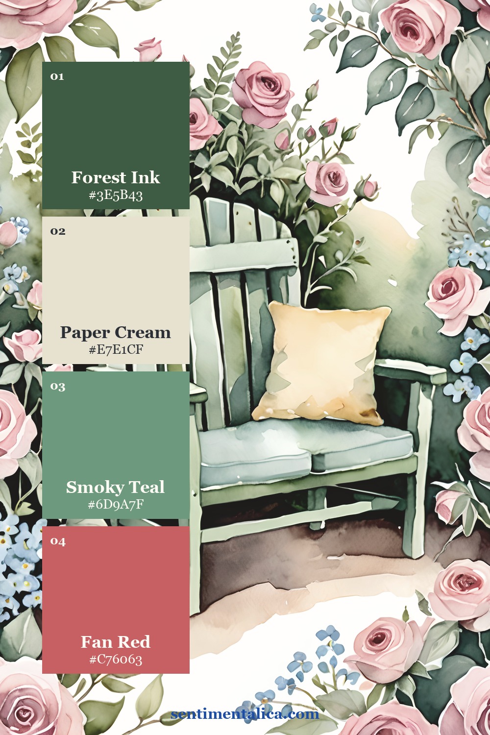 Garden Joy bench palette with green cream teal and rose