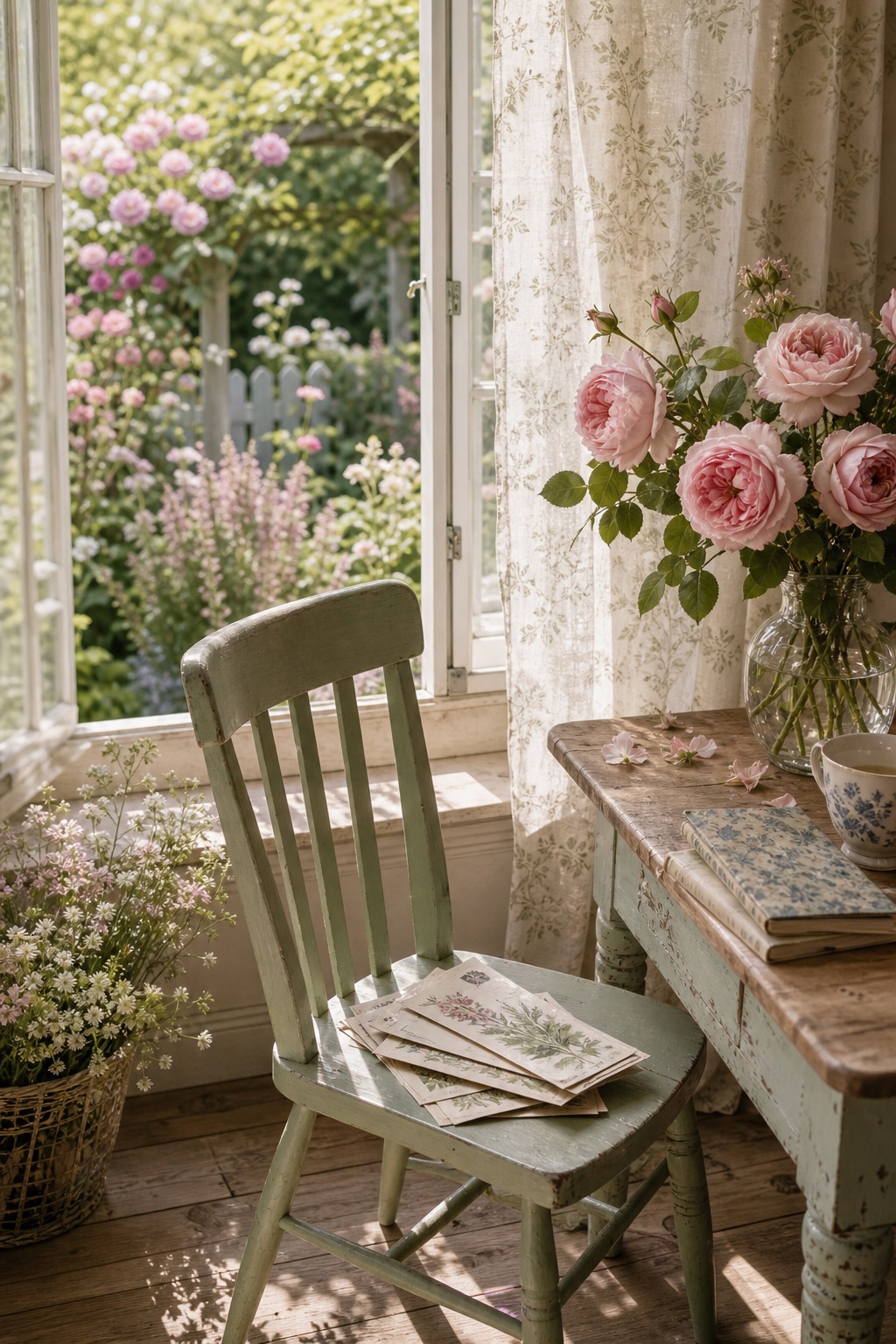 Soft garden room with roses and pale green chair